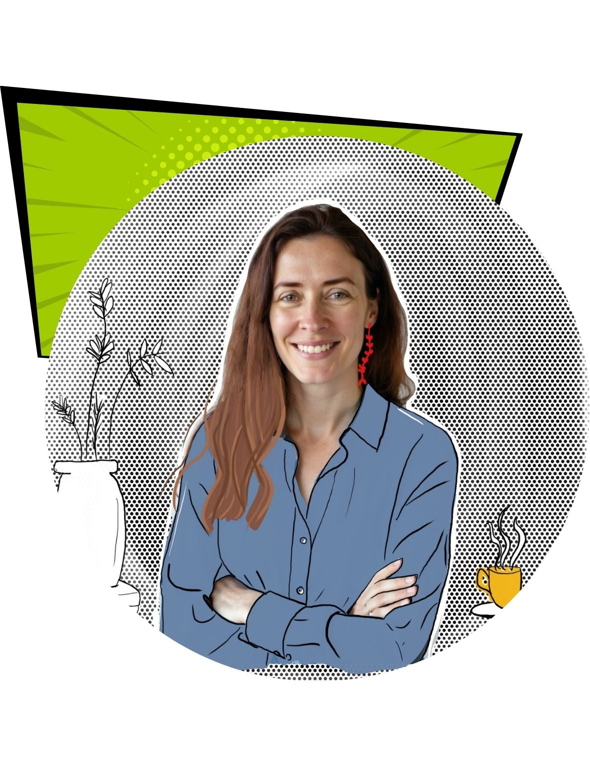 A woman's portrait mixing photo and Illustration in comic book style graphics surrounded by cartoon elements.