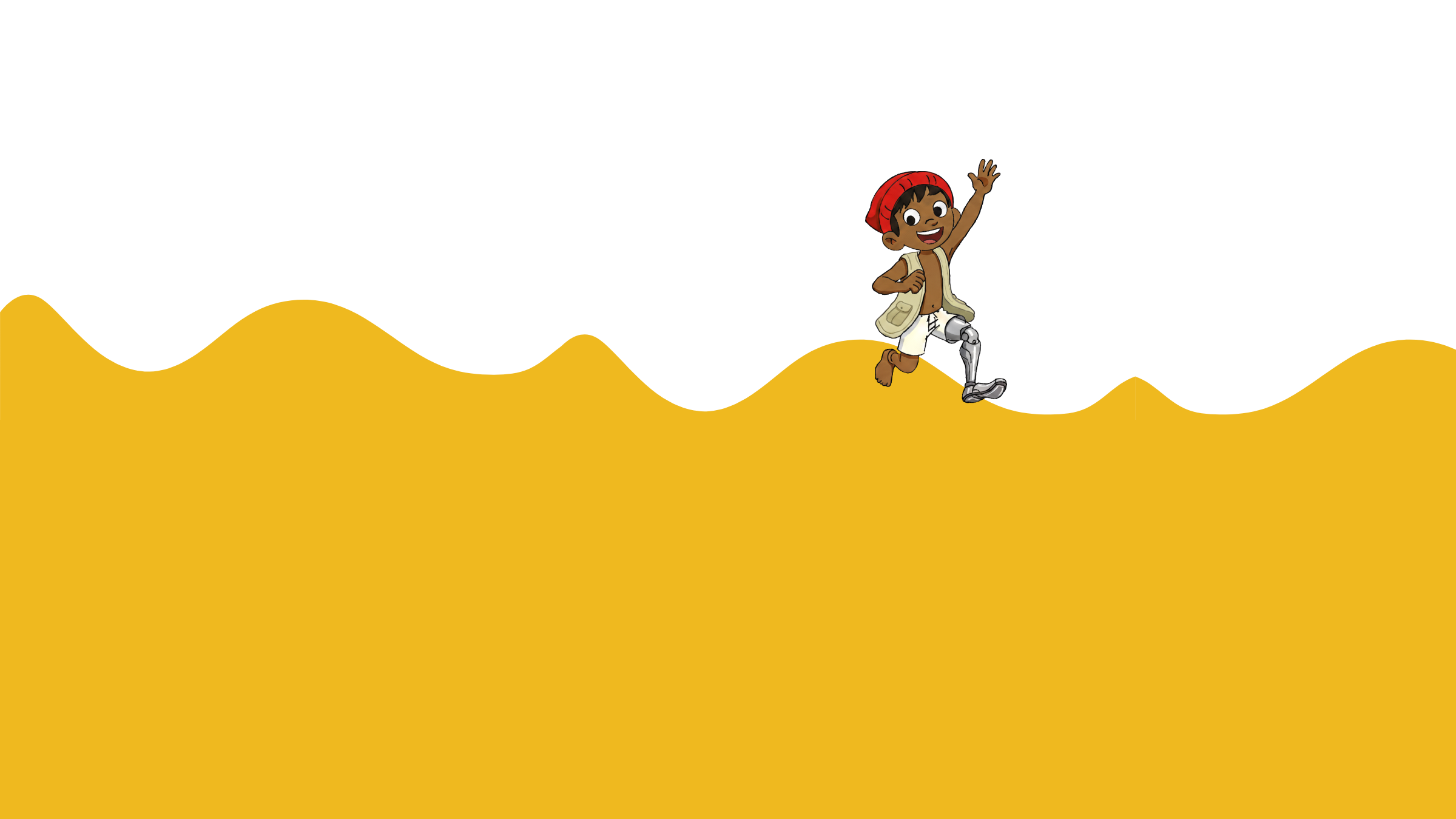 Cartoon character standing on a yellow wave with a white background