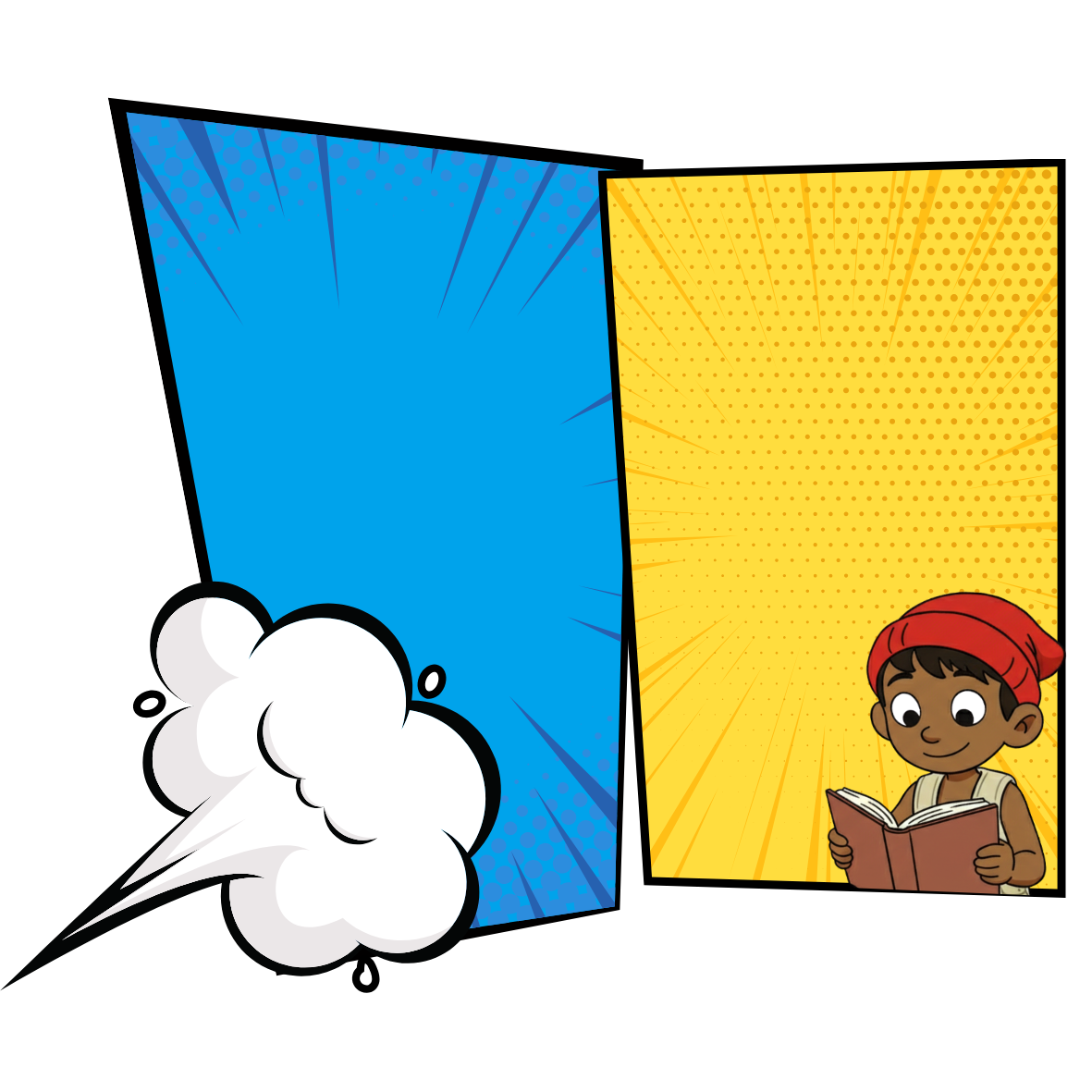 2D illustration character called Saci reading a book. Comic-style book illustration with blue and yellow doted background with a white cloud.