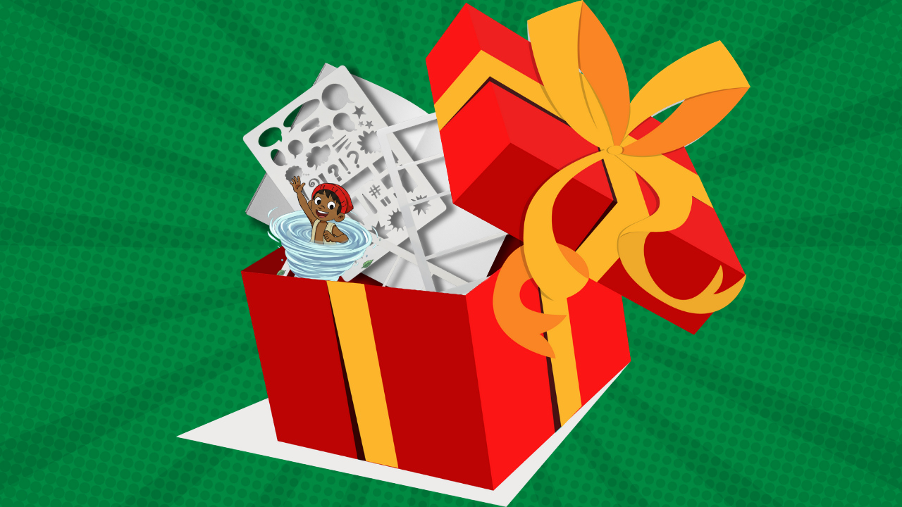 Red gift box with a comic book making kit and orange ribbon on a green background