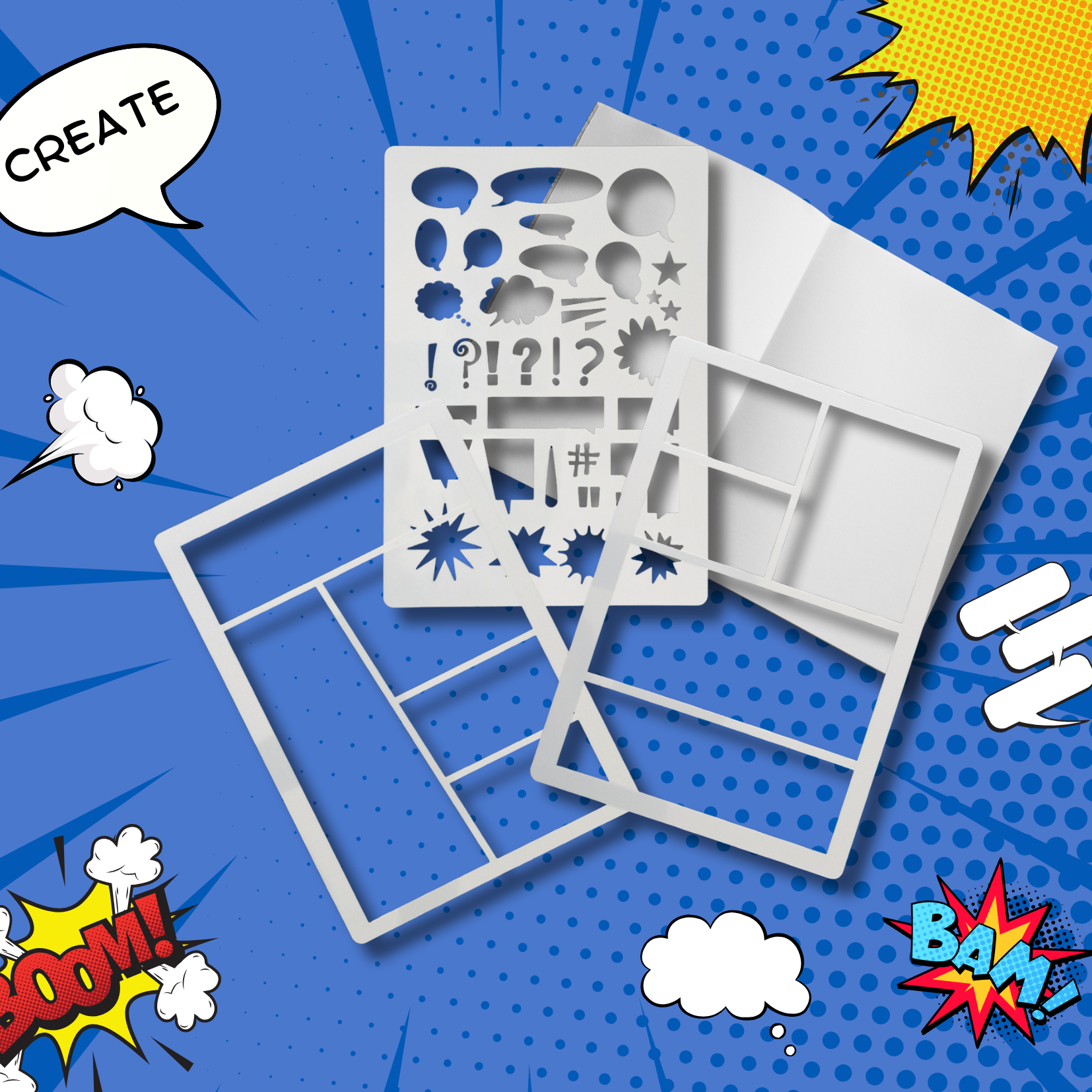 Set of stencils on a blue comic book style background with speech bubbles and sound effects.