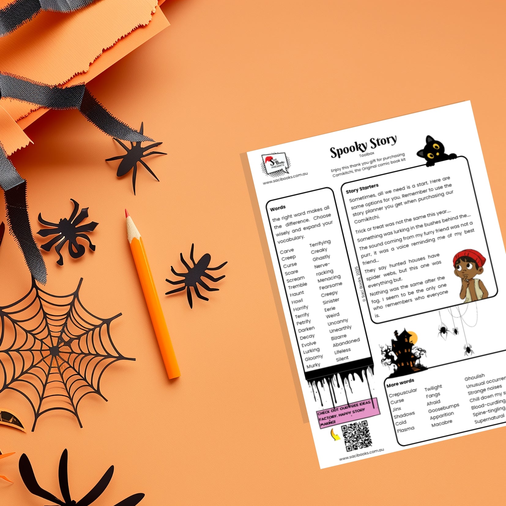 Halloween-themed worksheet to create scary, spooky stories. Spiders, black cat decorations