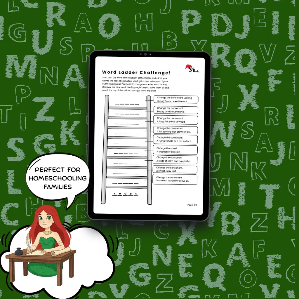 A tablet centered on a green alphabet-patterned background, displaying a worksheet titled 'Word Ladder Challenge!' with a word ladder graphic and text boxes. A speech bubble on the left says 'Perfect for homeschooling families,' and a cartoon girl at a desk appears inside a thought cloud at the lower left.
