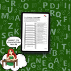 A tablet centered on a green alphabet-patterned background, displaying a worksheet titled 'Word Ladder Challenge!' with a word ladder graphic and text boxes. A speech bubble on the left says 'Perfect for homeschooling families,' and a cartoon girl at a desk appears inside a thought cloud at the lower left.