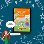 A tablet centered on a dark blue background with white chalk-style drawings, showing the cover of a digital printable activity book titled 'Word Ladder'. Speech bubbles read 'DIGITAL DOWNLOAD' and 'PRINT FOREVER', and cartoon characters appear on the book cover.