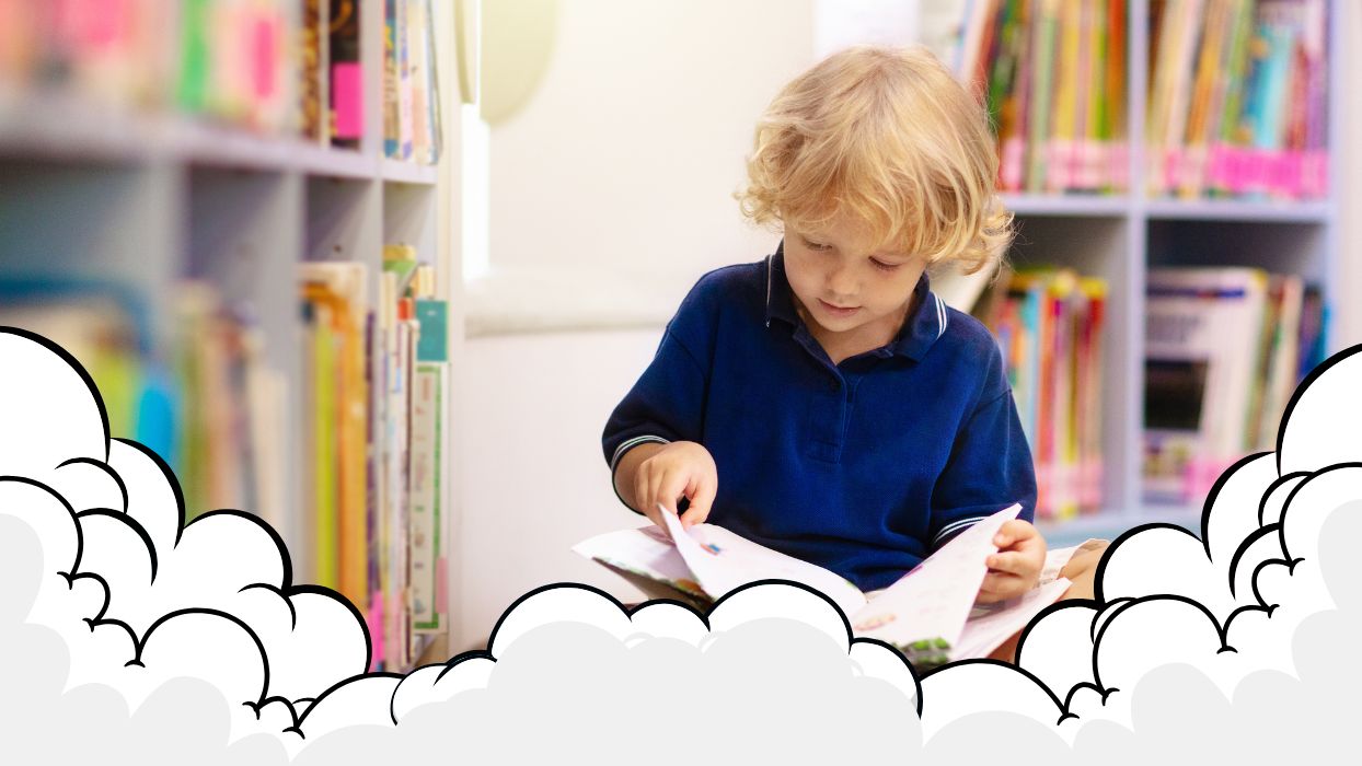Child reading a Saci Books book in a library with colorful books on shelves.