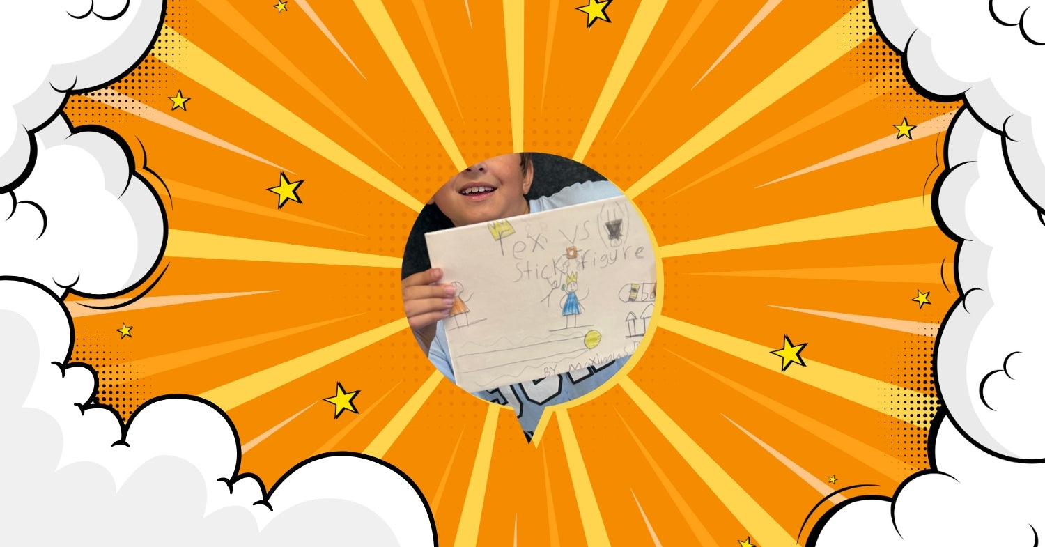 boy holding his book with a colorful comic book style border