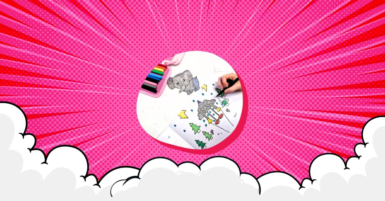 Coloring book with crayons on a pink background