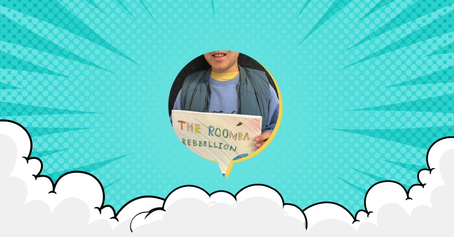 boy holding his book with a colorful comic book style border