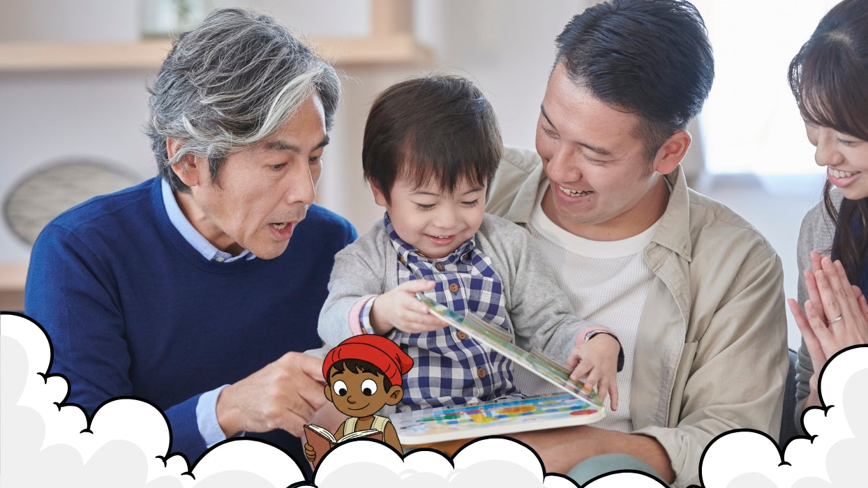 Family reading a book together in a warm indoor setting