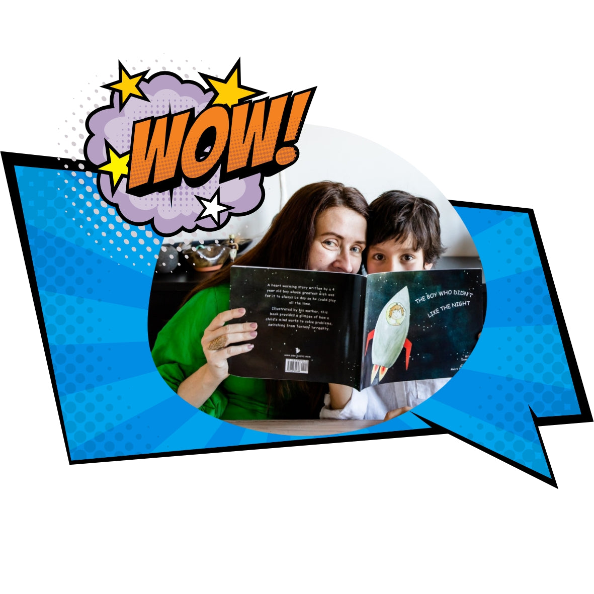 mother and child reading a book with a 'WOW!' graphic above them