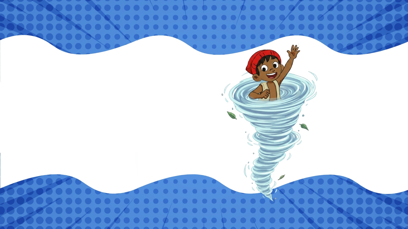Saci Cartoon character in a tornado with blue and white background