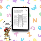 A tablet centered on a white background with colorful scattered letters, displaying a worksheet titled 'Word Ladder Challenge!' with a cartoon child in a speech bubble that says 'OR FOR TEACHERS.'.