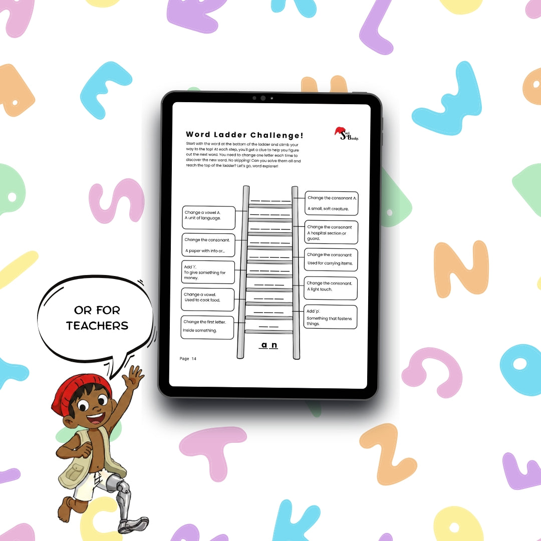 A tablet centered on a white background with colorful scattered letters, displaying a worksheet titled 'Word Ladder Challenge!' with a cartoon child in a speech bubble that says 'OR FOR TEACHERS.'.