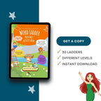 Digital product listing graphic for a printable 'Word Ladder' activity book shown on a tablet mockup. The left side has a dark teal background with star illustrations, and the right side is white with text reading 'GET A COPY', '30 LADDERS', 'DIFFERENT LEVELS', and 'INSTANT DOWNLOAD'.