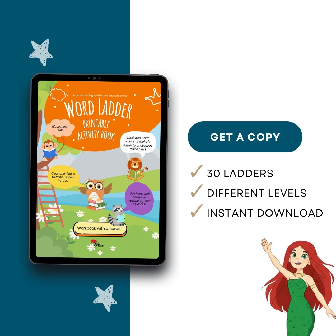 Digital product listing graphic for a printable 'Word Ladder' activity book shown on a tablet mockup. The left side has a dark teal background with star illustrations, and the right side is white with text reading 'GET A COPY', '30 LADDERS', 'DIFFERENT LEVELS', and 'INSTANT DOWNLOAD'.